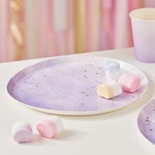 Load image into Gallery viewer, GOLD WATERCOLOUR SPECKLE LILAC PAPER PLATES
