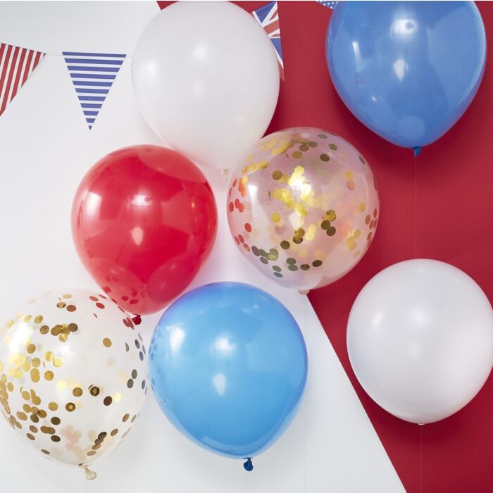 RED WHITE BLUE & GOLD CONFETTI BALLOONS - PARTY LIKE ROYALTY
